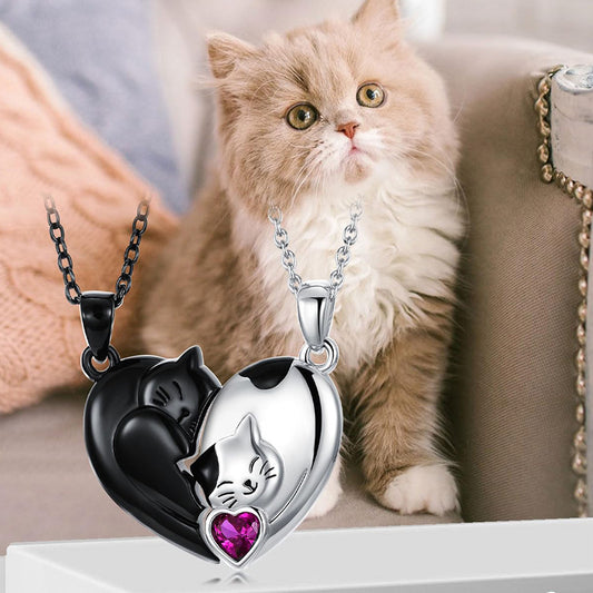 Black and white couple pendant necklace with a cute cat and love theme. Perfect gift for women and girls, stylish and meaningful.