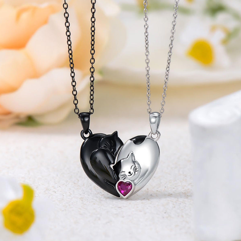 Black and white couple pendant necklace with a cute cat and love theme. Perfect gift for women and girls, stylish and meaningful.