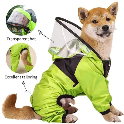 Pet dog raincoat with a cute dog face design, waterproof and water-resistant jumpsuit jacket for dogs. Perfect for keeping your pet dry.