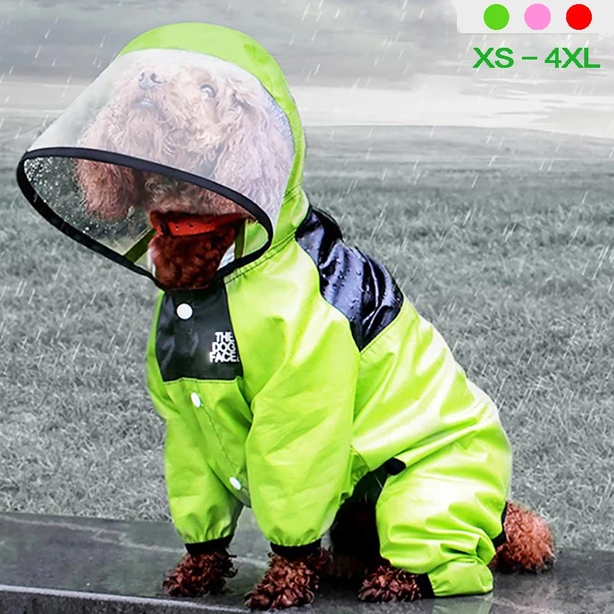 Pet dog raincoat with a cute dog face design, waterproof and water-resistant jumpsuit jacket for dogs. Perfect for keeping your pet dry.