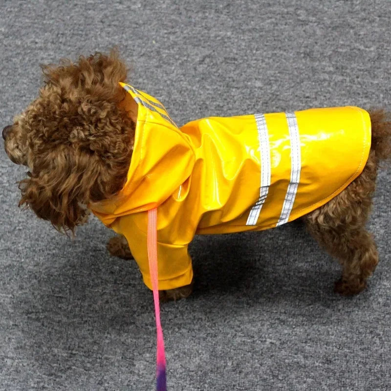 Reflective, waterproof, and snowproof dog raincoat in a cape poncho style, perfect for small pets like Chihuahuas, Bulldogs, and cats.