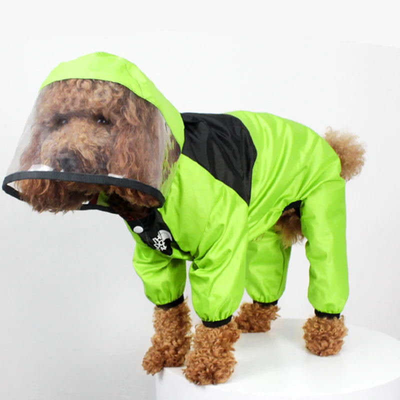 Pet dog raincoat with a cute dog face design, waterproof and water-resistant jumpsuit jacket for dogs. Perfect for keeping your pet dry.