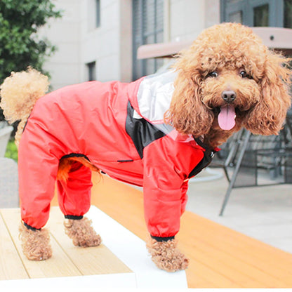 Pet dog raincoat with a cute dog face design, waterproof and water-resistant jumpsuit jacket for dogs. Perfect for keeping your pet dry.