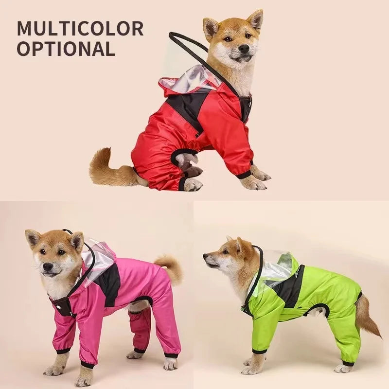 Pet dog raincoat with a cute dog face design, waterproof and water-resistant jumpsuit jacket for dogs. Perfect for keeping your pet dry.