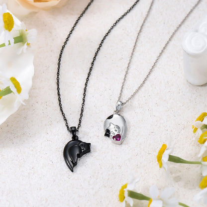 Black and white couple pendant necklace with a cute cat and love theme. Perfect gift for women and girls, stylish and meaningful.